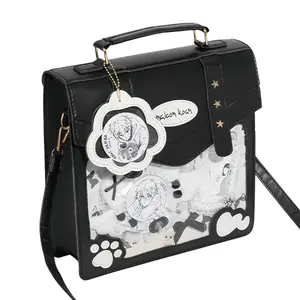 FAURALA Kawaii Ita Bag - Cute Paw & Heart Decor PU Crossbody Bag with Clear Window for Anime Pins & Badge Display | Detachable Shoulder Strap, Top Handle | Trendy Y2K, Gothic, E-Girl, Alt Fashion Aesthetic