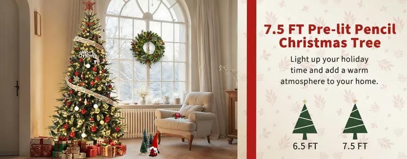 GARVEE 7.5 ft Pre-Lit Pencil Christmas Tree with 300 Warm White Lights, Auto-Hinged Expansion, Foldable Metal Stand, Durable PE & PVC Construction for Porch, Party, Office, and Home Decoration