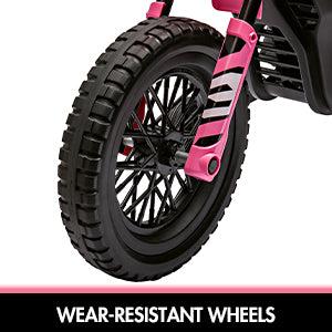 【GARVEE】12V Electric Dirt Bike with Dual 25W Motors, Twist Grip Throttle, Spring Suspension, Training Wheels, and Ride-On Toy in Green, Pink, Blue, and Red Colors