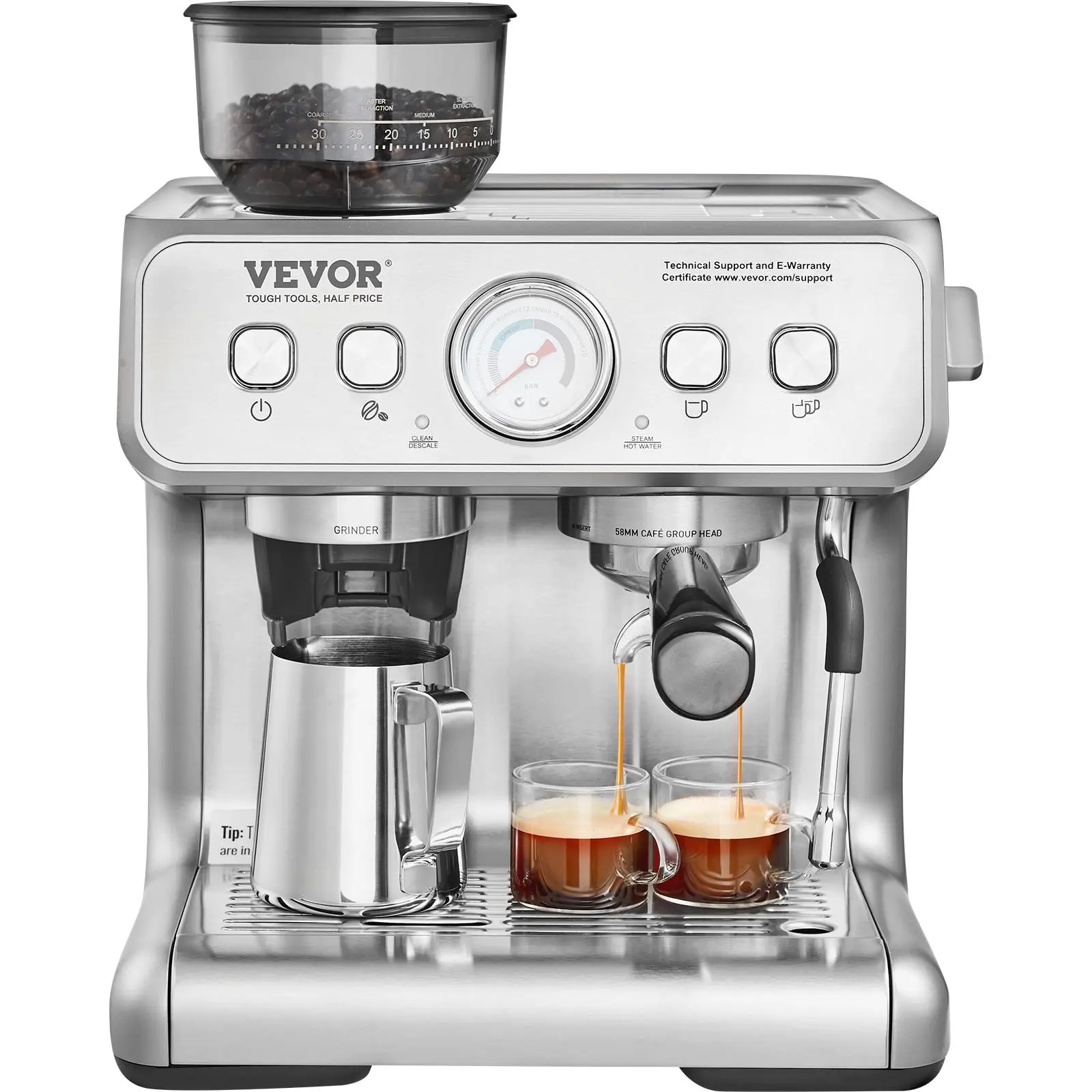 【Summerfinds】VEVOR Espresso Machine with Grinder, 15 Bar Semi-Automatic Espresso Coffee Maker with Milk Frother Steam Wand, Removable Water Tank & Pressure Gauge for Cappuccino, Latte, Machiato, PID Control System