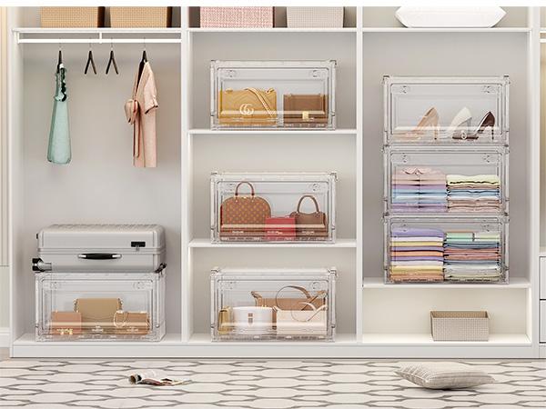 BROVIEW Clear Stackable Storage Bins Drawers, Open Front Large Plastic Storage Bins with Lids, Foldable Closet Organizers and Storage for Wardrobe Cabinets, Pantry, Makeup