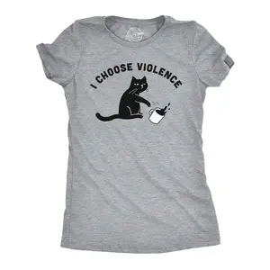 Womens I Choose Violence Funny T Shirts Saracastic Cat Graphic Tee for Ladies Funny Womens T Shirts Cute Vintage Fashion Casual Ladies T-Shirt Gift Sarcastic Tops for Women Funny Cat Top Women's Novelty Tees Light Grey