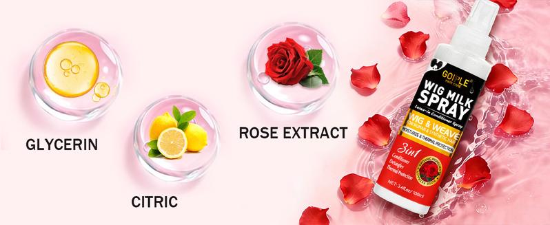 Rose Wig Milk Spray 3 in 1 Conditioner Detangler Moisturizer for Human & Synthetic Wigs with Rose Scent and Milk Spray Format