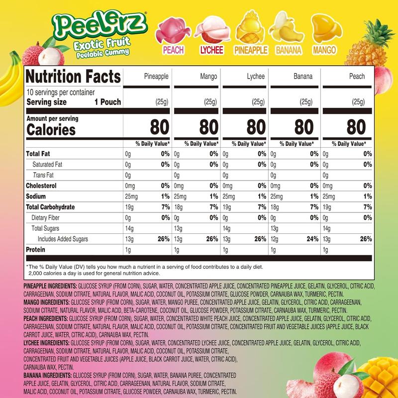 FLASH SALE - AMOS Peelerz Exotic Fruit Peelable Gummy Candy – 5 Fruit Flavors (Mango, Peach, Banana, Pineapple, Lychee), 8.47oz (240g), Individually Wrapped