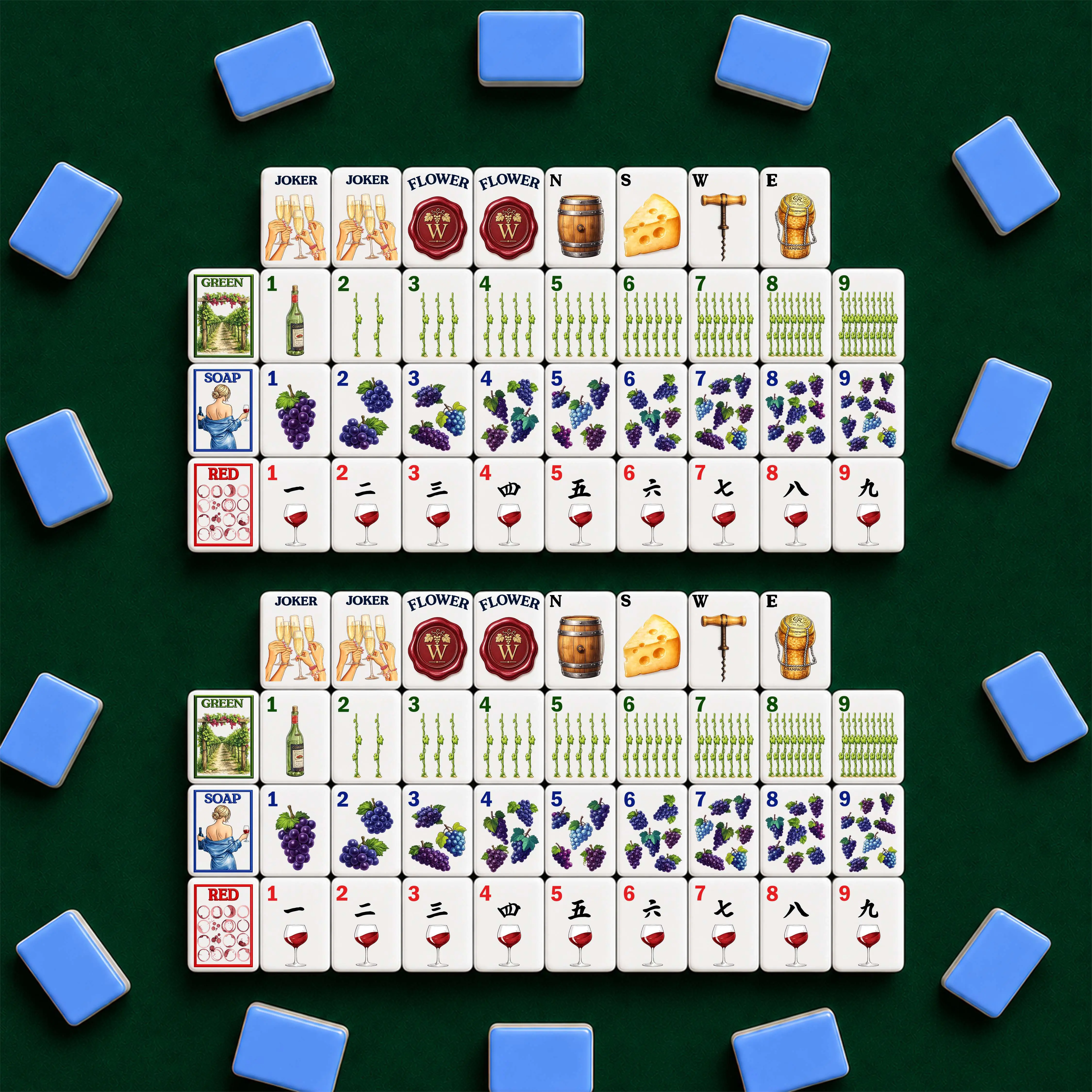 Wine Mahjong Tile Set 152 Tiles, Vineyard American Mahjong Set with Winery Inspired Artwork