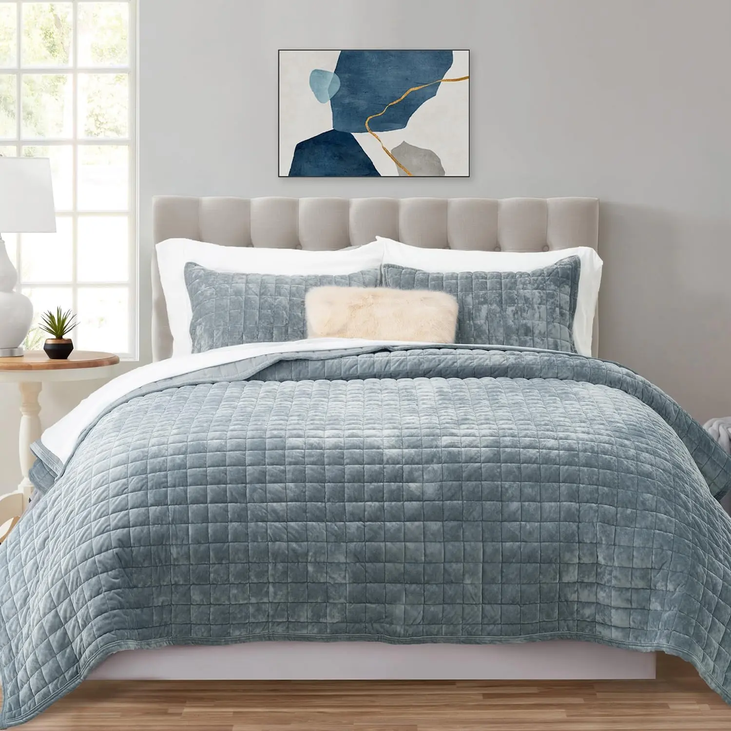 Velvet Quilt King Size Sets, Ultra Velvet Comforter, Lightweight Channel Box Oversized Bedspread Coverlet for, with 2 Shams, Blue Linen