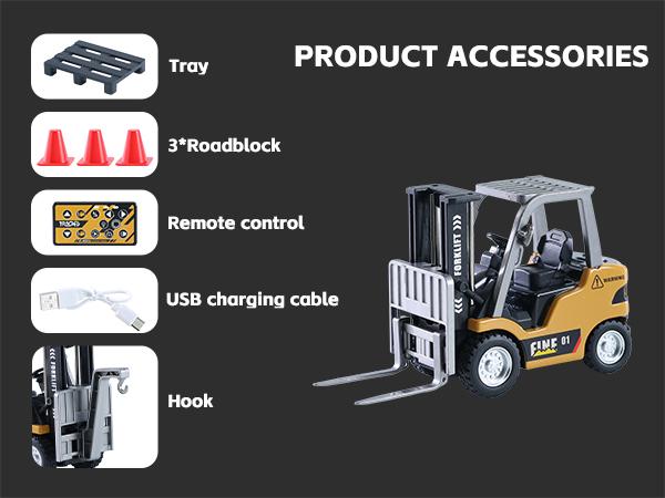 Mini Remote Control Forklift Toy - Rechargeable Battery Included, 2 in 1 Transformable Lift Fork & Hook with Lights & Sounds, Construction Vehicle Toys, Release pressure