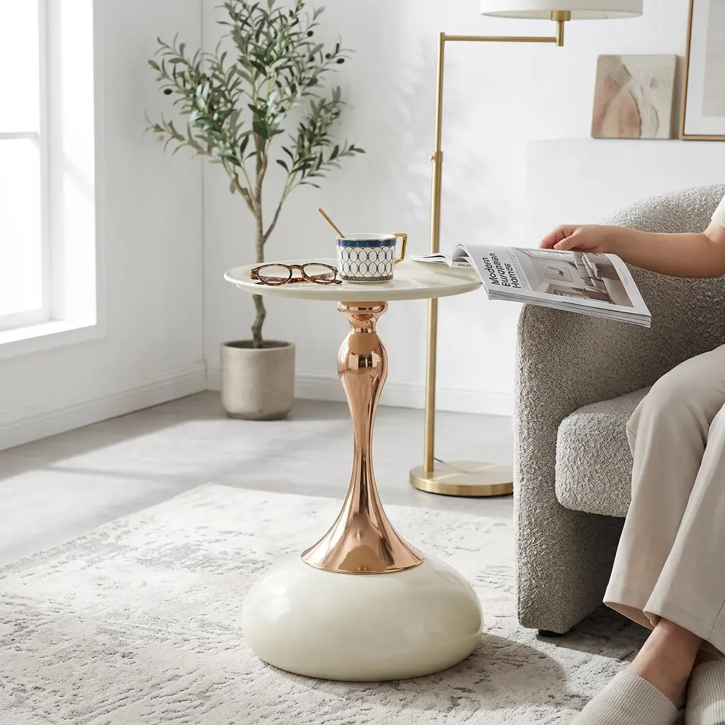 VEASMEI CASA Modern Martini Table, 15" Small Round Side Table with Sturdy Metal Base, White Circle End Table for Living Room, Bedroom Nightstand, Balcony Tea Table, Multifunctional Corner Accent Table for Couch, Sofa & Small Spaces