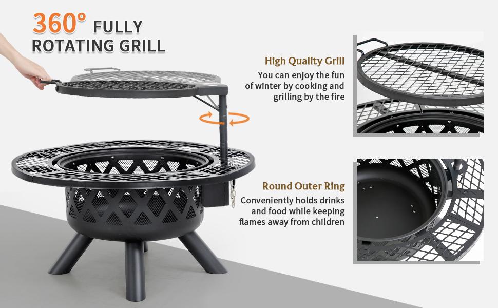 BALI OUTDOORS 2-in-1 Wood Burning Fire Pit with Removable Cooking Grill Black Ultra-Durable Iron Grate 360-Degree Rotation Adjustable Height for Heating and BBQ Christmas gift