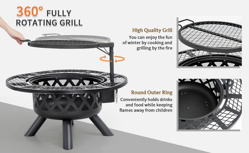 BALI OUTDOORS 2-in-1 Wood Burning Fire Pit with Removable Cooking Grill Black Ultra-Durable Iron Grate 360-Degree Rotation Adjustable Height for Heating and BBQ Christmas gift