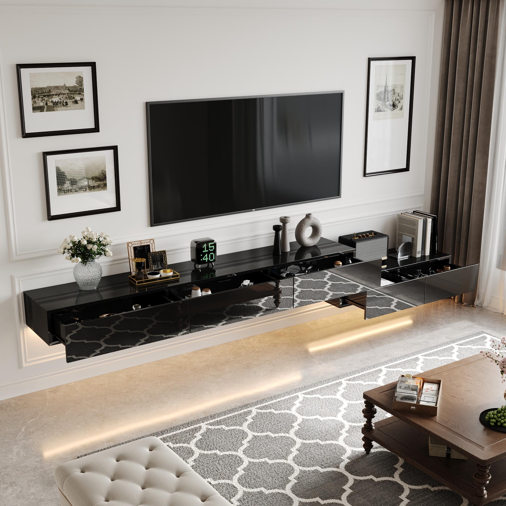 FUFU&GAGA Floating LED TV Stand for TVs up to 70", Wall Mounted Wood Media Console with Glossy Surface & 44 Color LED Lights