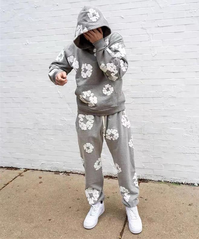 Denim Tears 2026 Women's Hoodie Set Cotton Foam Print Sweatpants Distressed American High Street Casual Sweatshirt Plus Size Black Short Sleeve Long Loose Fit Y2K Unisex 2-Piece Set Top Trouser Suits