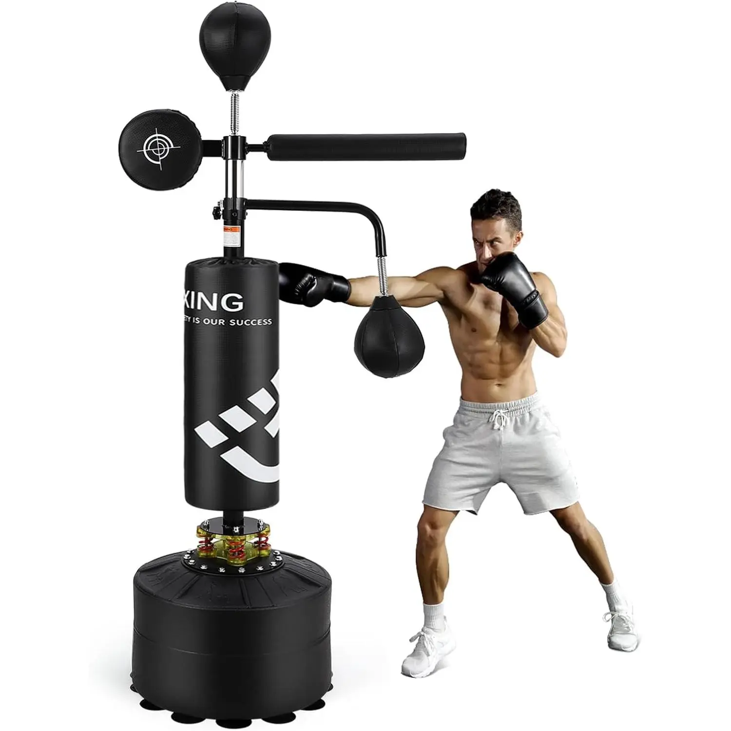 GARVEE Freestanding PU (Polyurethane) Punching Bag Set with 360° Reflex Bar, Stainless Steel Components, Suction Cups, Height Adjustment for Adult Home Training, MMA Speed & Reaction Trainer, Boxing Equipment