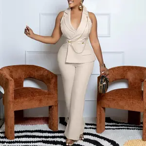 Women's Solid Color Suit Collar Chain Casual Wide Leg Jumpsuit Wear Party Pants Set Spring Medium Sleeveless Polyester Apricot Dress