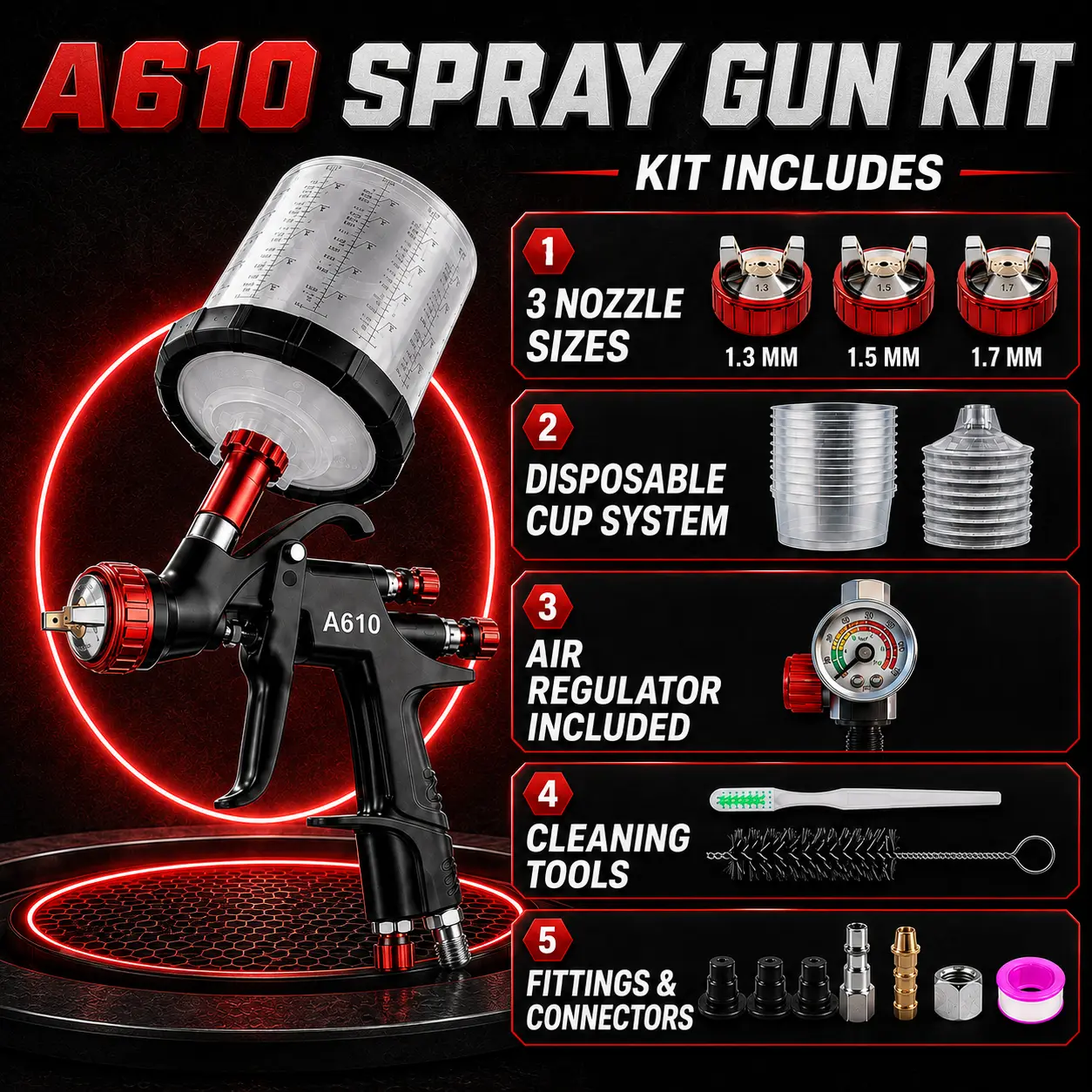 Premium A610 LVLP Paint Spraying Tool Kit - HVLP Spray Gun, 1.3/1.7/2.0mm Nozzles, Air Regulator, 650ml Mixing Cup, 10 Disposable Cups, Adjustable Hardware for Automotive, Furniture Use, Cleaning Tools, Longevity, Stainless Steel, Aluminum Alloy, Metal, F