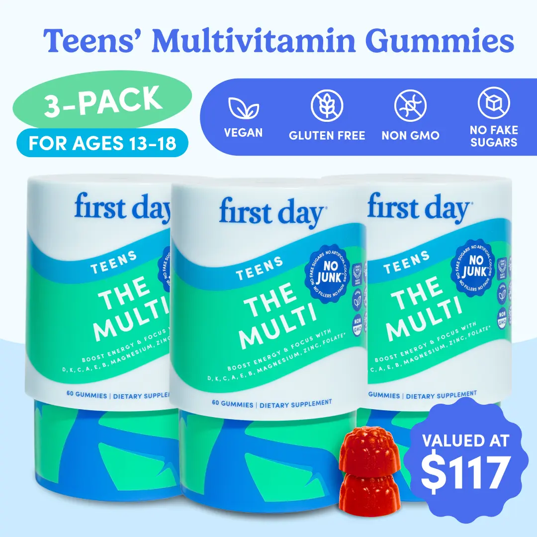 First Day Teens Multivitamin Gummies Ages 13–17 – Natural Orange Flavor, 21 Organic Superfoods + Vitamins A, C, D3, K2 & B12 – Supports Focus, Mood, Immunity & Clear Skin – Vegan, Gluten-Free, No Junk – 3-Pack, 90-Day Supply