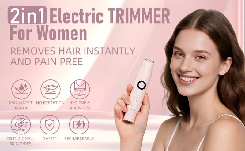 Bikini Trimmer for Women, Electric Shaver and Razor Rechargeable, 2 in 1 Double Head Dual Purpose, IPX7 Waterproof, for Painless Trimming of Pubic Hair, Face, Underarms and Legs, Gift,  Handy