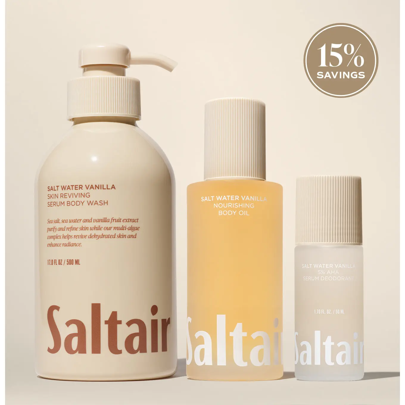 Saltair Salt Water Vanilla Essentials Set - Serum Body Wash (17 fl oz), Nourishing Body Oil (4 fl oz) & AHA Serum Roll-On Deodorant (1.7 fl oz) Bundle for Soft, Glowing Skin - Vanilla, Sea Salt, Creamy Sandalwood