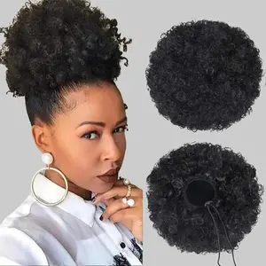 Afro Puff Drawstring Ponytail Extension for Black Women, Premium Black 1B# 80gram Short Synthetic Afro Puff Ponytail for Natural Hair,Clip On Kinky Drawstring Curly Ponytail Bun