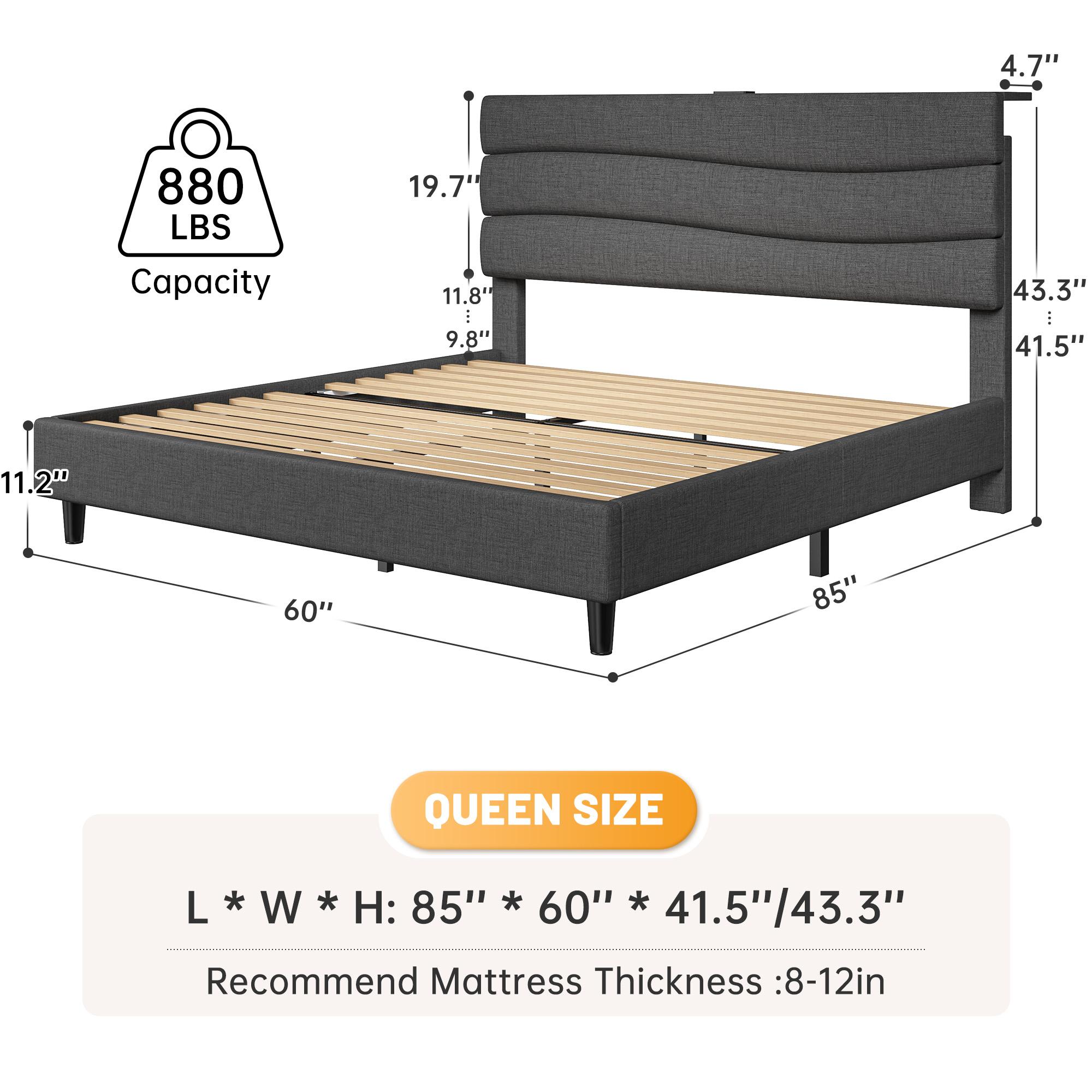 【The First Best Bed For Teens】Raybee Bed Frame Upholstered Headboard Height Adjustable Wavy Line Top Storage Shelf & USB Type-C Charging Noise-Free,Easy Assemble & Clean,Qeen Beige,Cream,Gray,King,Full