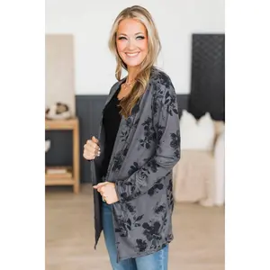 Fresh Breeze Open Front Floral Cardigan- Charcoal & Black