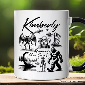Respect The Local Cryptid Squad Personalized Mug, Funny Bigfoot Alien Mothman Meme Gift with Custom Name