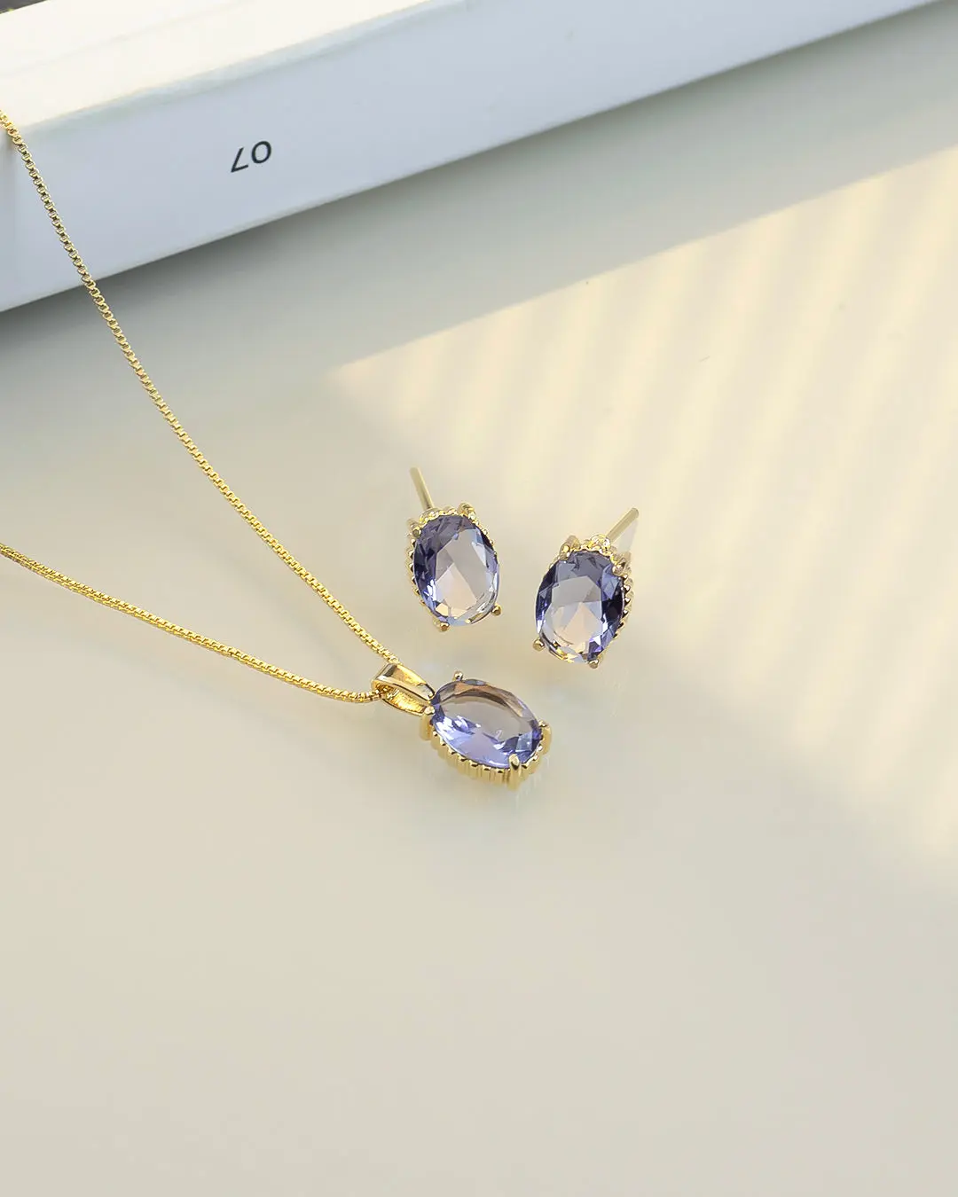 Luxury Small Oval Purple CZ Necklace & Earring Set - Nickel-Free 18k Gold Plated Jewelry for Sensitive Skin
