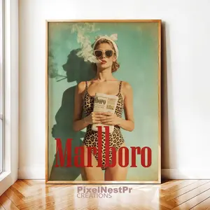 Vintage Cigarette Western Poster Print, Retro Marlboro Print, Vintage Marlboro Art Print, Marlboro Model Bikini Poster, Preppy Poster