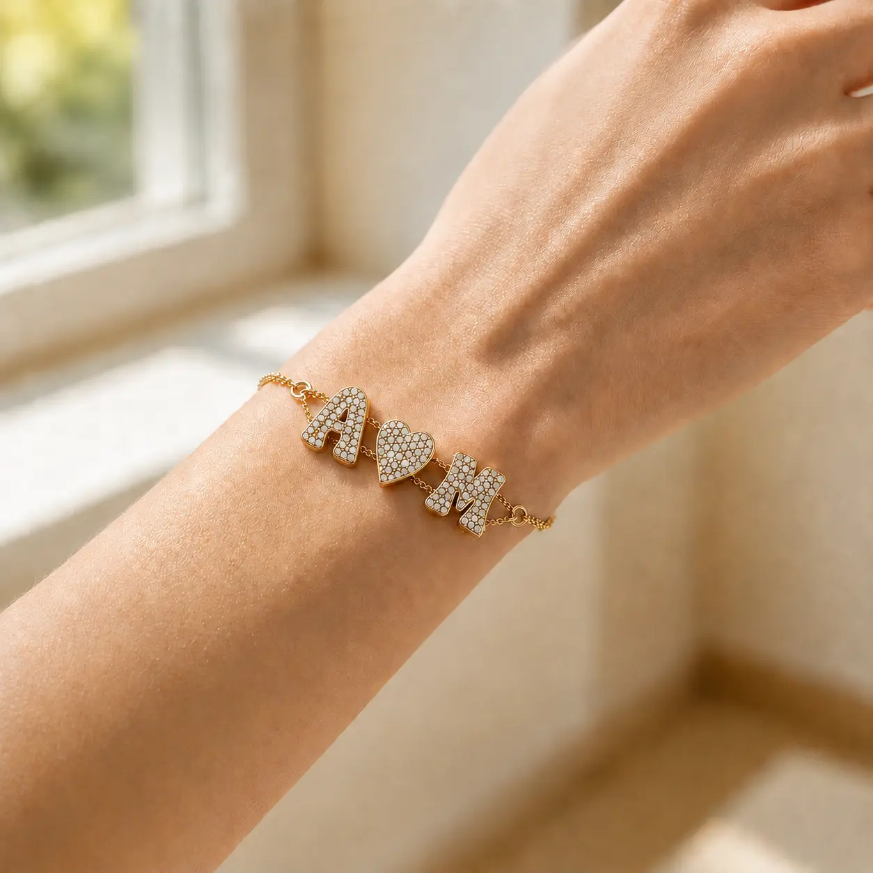 Custom Initial & Heart Bubble CZ Bracelet, Slider Adjustable Gold Plated Personalized Birthday Gift for Women