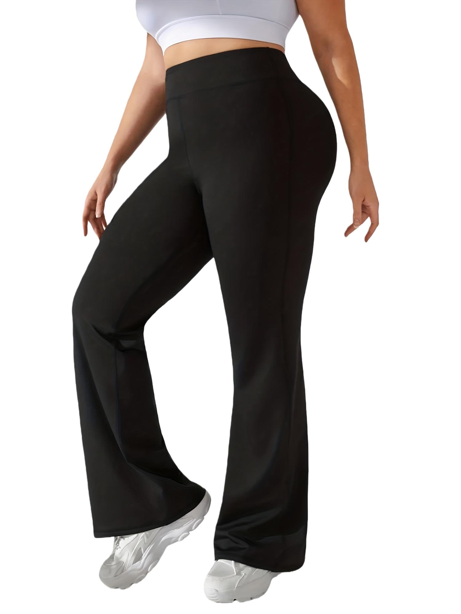 1-Pack Black Plus Size High-Waisted Flare Pants, Tummy Control Stretch Wide-Leg Bell-Bottoms with Pockets, Stretch Pockets Casual Formal All-Season Wear, Wide-Leg Flare,  High-Waisted Tummy Contro