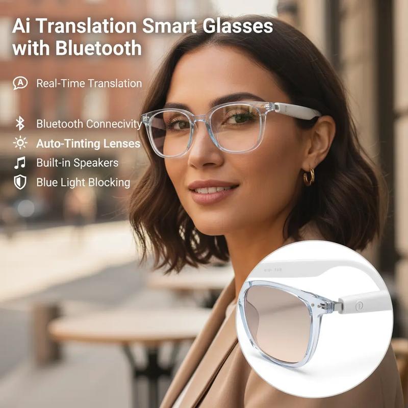 AI Interpretation Smart Glasses with Bluetooth Audio HD Voice Calls HIFI Music Auto-Tinting Polarized Lenses Built-in Speakers Mic Blue Light Blocking Wearable Wireless AI Translation Smart Assistant