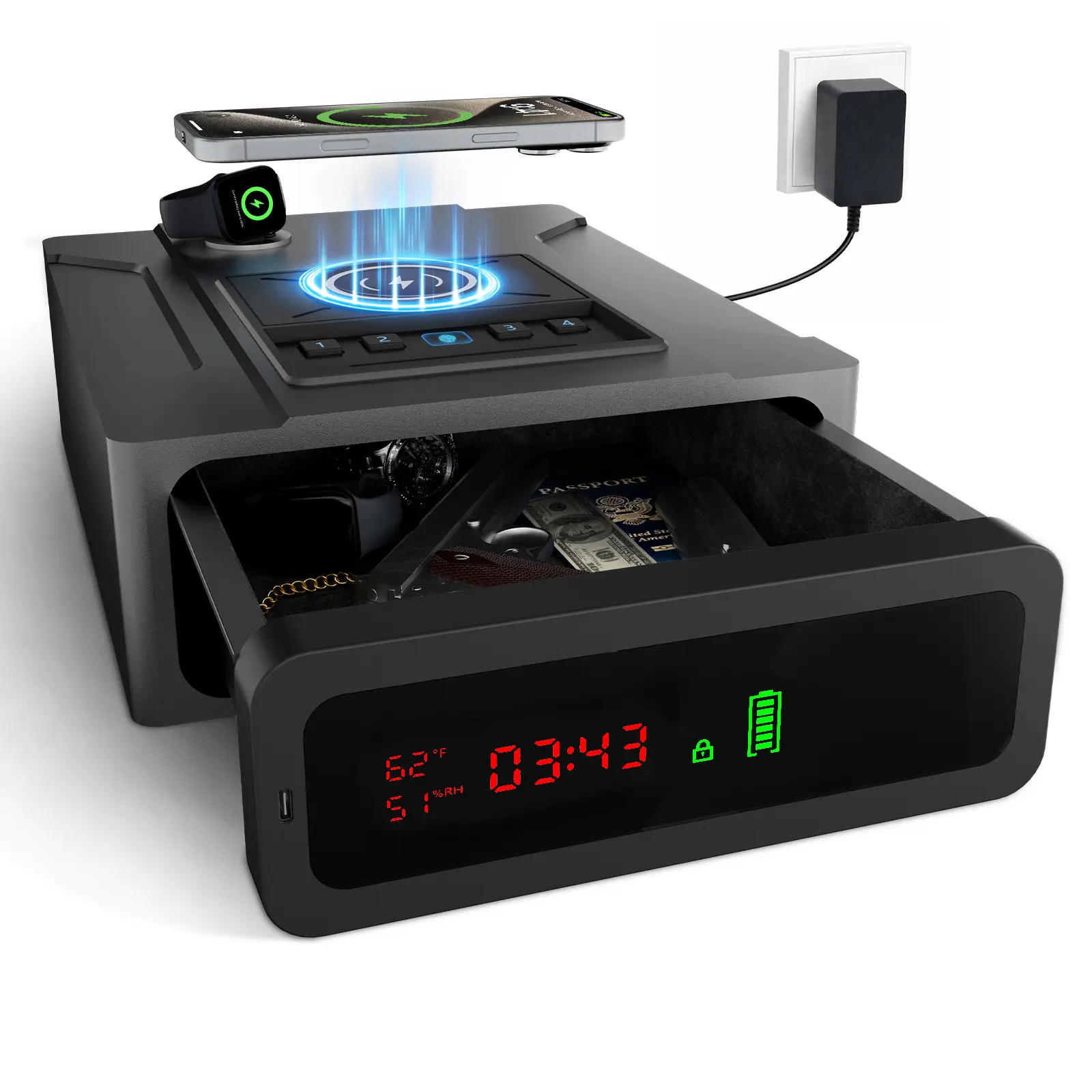 Quick-Draw Smart Biometric Safe - Digital Lock Anti-Theft Home Security Safe with Wireless Charging, Backlit Keypad, Auto-Open, Climate Monitor & Display for Gun Storage, Digital Lock Safe