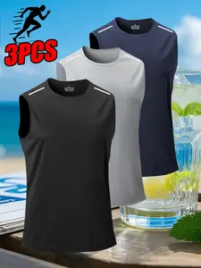 Men’s 3-Piece Reflective Quick-Dry Breathable Lightweight Sleeveless Tank Tops — Moisture-Wicking Sports Tanks for Gym, Running, and Everyday Wear, Crew Neck Striped Sleeveless Design, Available in Multiple Colors.