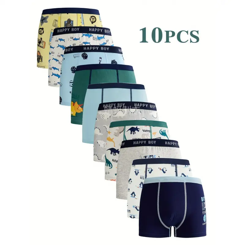New10-Pack Boys' Underwear 3-15 Years - Cute Cartoon & Dinosaur Print Boxer Briefs, Breathable Stretch Waistband, All-Season Comfort with Full-Body Patterns (Plaid, Stripes, Camo, Floral), Cute Underwear, Playful Design, Durable Construction Children Kid
