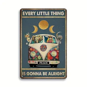 Vibrant Retro Hippie Metal Tin Sign - Unique Novelty Decor for Home, Coffee Shop, and Art Wall - 8 x 12 Inch, Vintage Aluminum, Funny Quote, Every Little Thing Is Gonna Be Alright, Distressed Finish