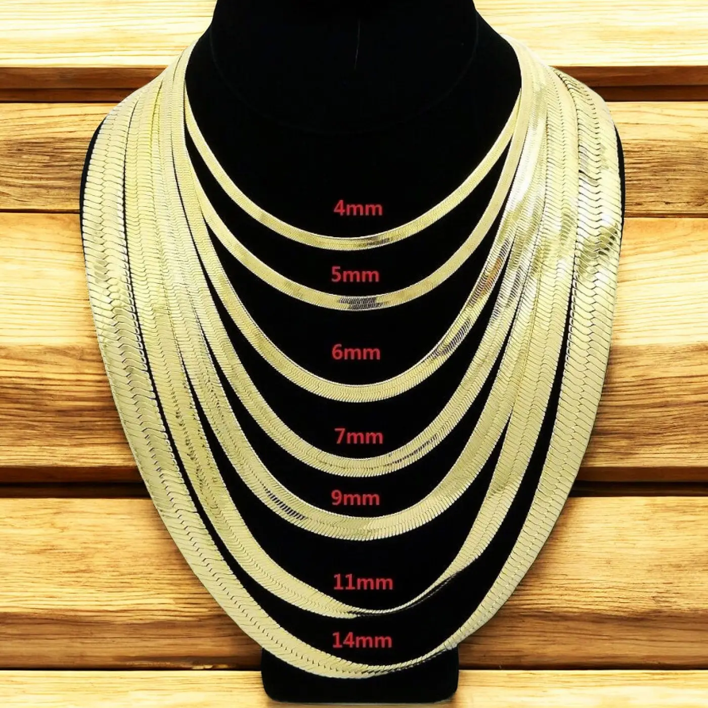 MaxBling81 AAA+ Brass 14K Stamped Hip Hop Style Gold-Plated Herringbone Chain Necklace, 4mm-14mm Thickness, 8"-30" Length, Unisex Fashion Bling Costume Jewelry Accessory