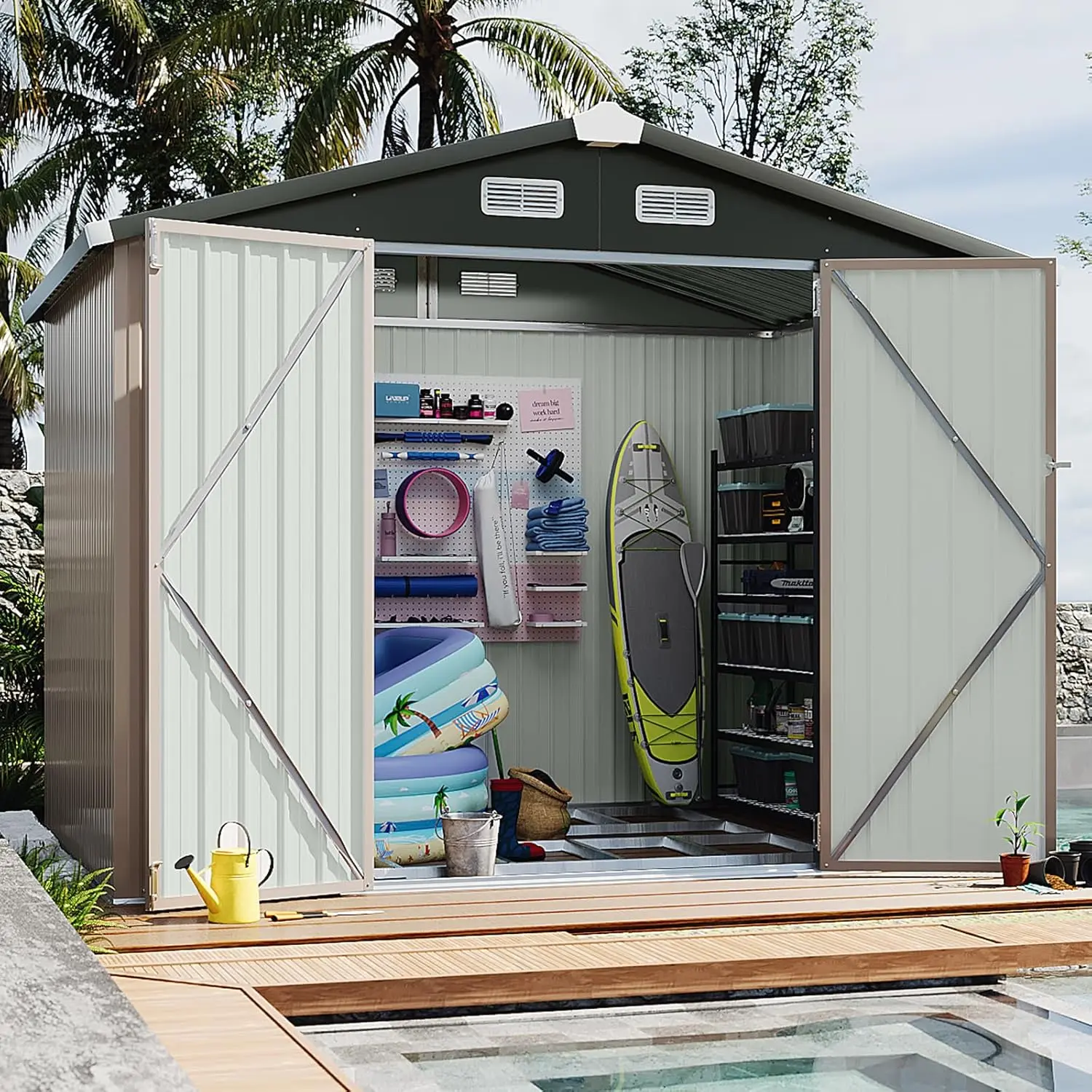 Aoxun Galvanized Steel Outdoor Storage Shed (8x6FT, 10x8FT, Brown) with Base, Lockable Double Doors, Moisture-Proof Ventilated Sloped Roof, Heavy-Duty Storage Organization for Garden Tools, Bike, Generator