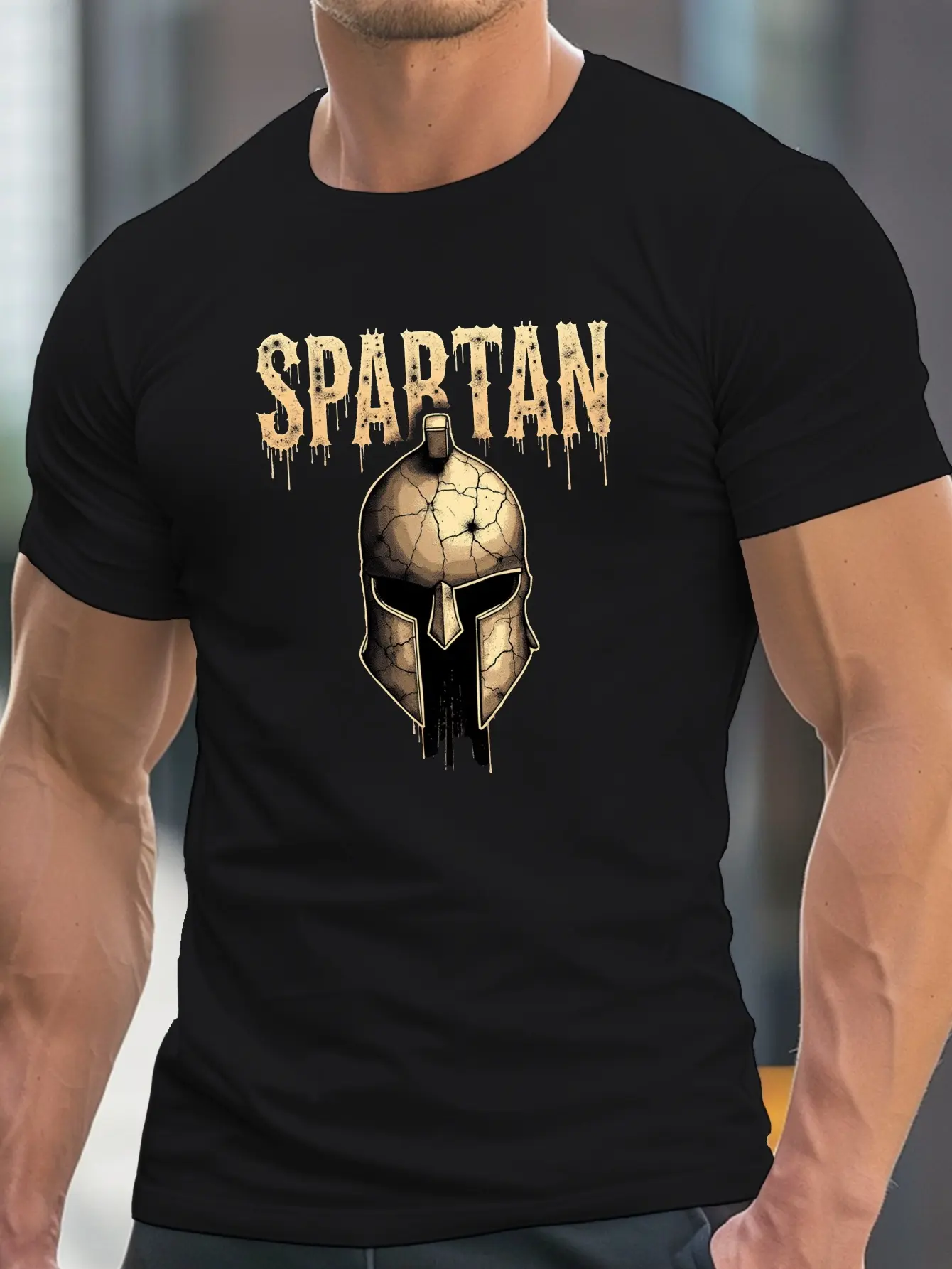 SPARTAN Helmet with Cracked Texture Men's Casual Grew Neck Short Sleeve T-Shirt for Summer, PLUS SIZE
