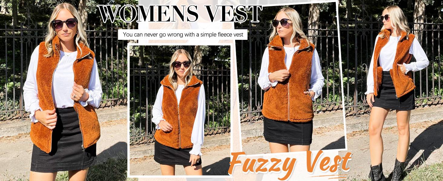 Womens Fuzzy Sherpa Fleece Jacket Lightweight Vest Cozy Sleeveless Cardigan Zipper Waistcoat Outerwear with Pocket