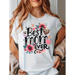 Cotton Short Sleeve  T-Shirt [Heartfelt Tribute]'s Floral "Mom Ever" T-Shirt,Crew Neck Short Sleeve Casual Tee, High Stretch Regular Fit Pullover with Applique Detail for Spring/Summer/Fall#Mother's Day Gift#streetwear tees#Printed T-shirt