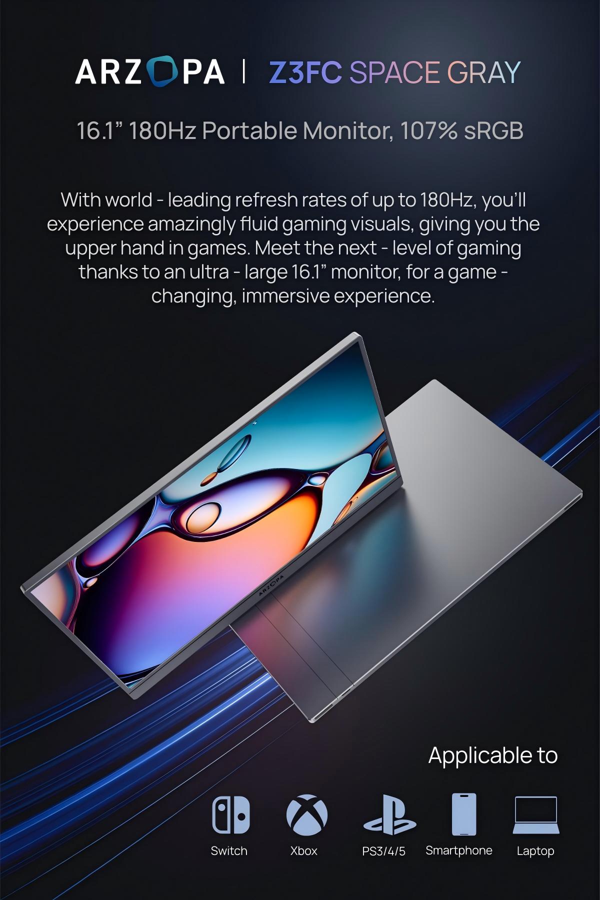 ARZOPA 16.1" Portable Gaming Monitors – 180Hz 1440P QHD / 144Hz 1080P FHD – Ultra Slim External Display for Laptops Gaming PC PS5 Xbox Mac with Built-in KickStand & Dual Speakers – Gray