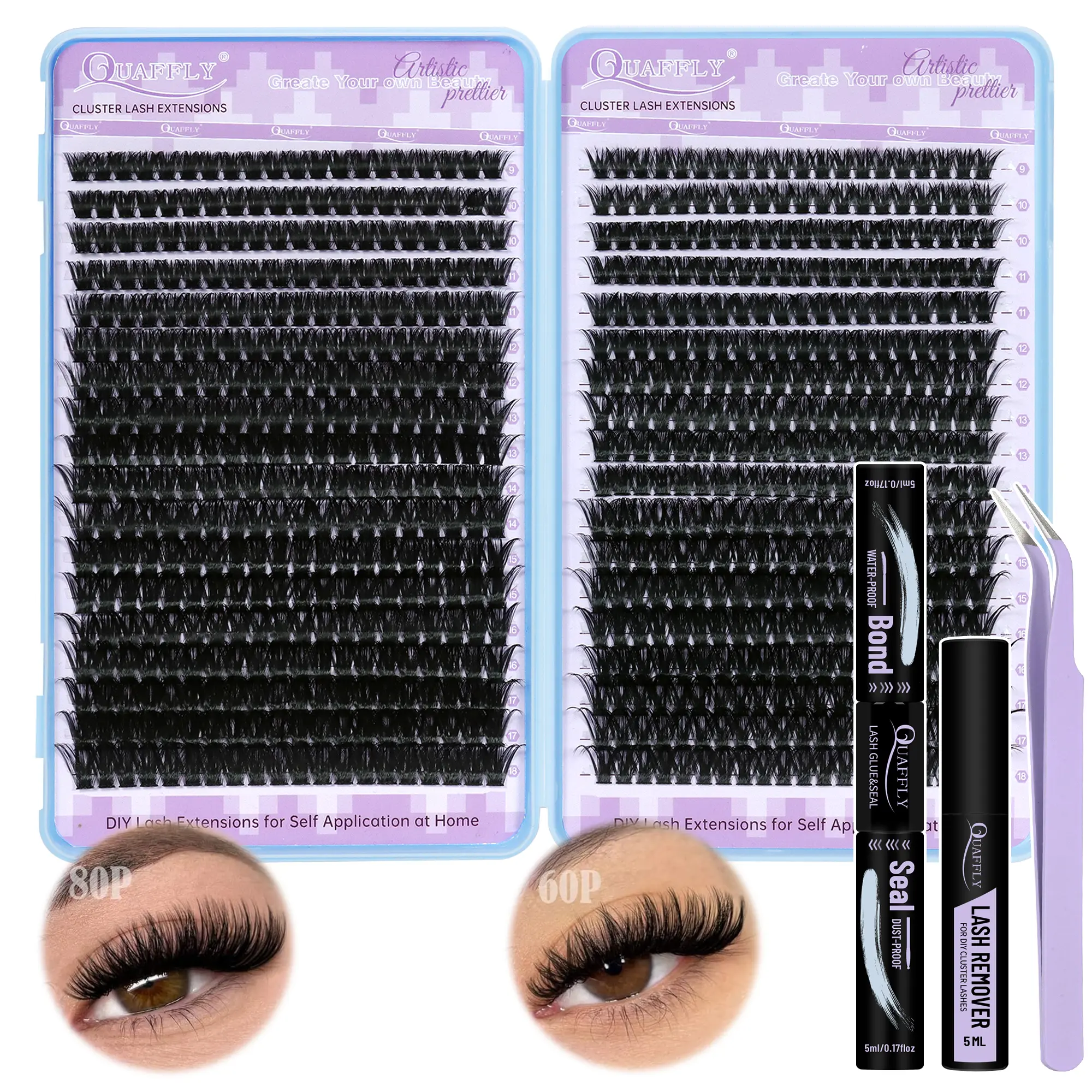 720pcs D-Curl Lash Clusters , Lash Clusters Kit,Natural Lash Kit With Lash Bond And Seal,Remover,Applicator,Cluster Eyelash Kit,Eyelash Clusters,60D+80D,9-17MM-0.07D,DIY At Home