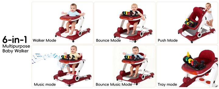 6-in-1 Baby Walker, Foldable Activity Walker with Adjustable Height & Speed, Music, Lights, Anti-Rollover, Toddler Push Walker, Baby Walker with Wheels for Boys & Girls 6-18 Months