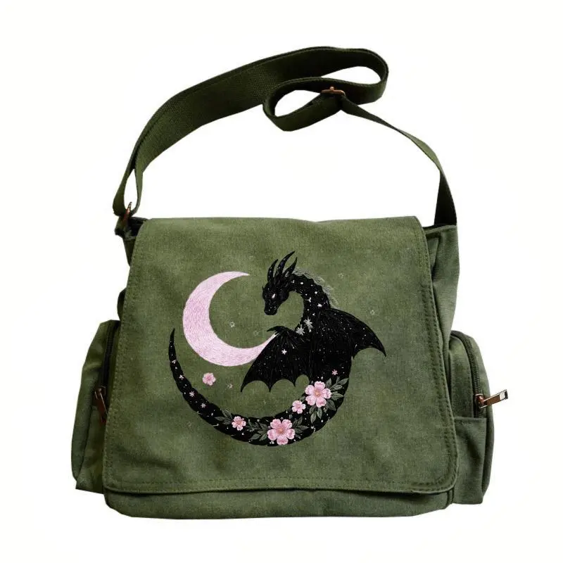 Women's Large-Capacity Clamshell Vintage Shoulder Bag - Crossbody Bags for Women with Adjustable Strap, Foldable Basic Graphic Design, 2-Color Options (Black Dragon Surround with Pink Moon Cherry Blossom), Ideal for Daily Travel, Gifting