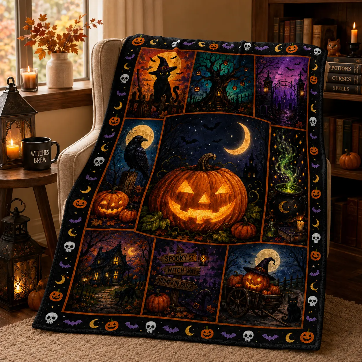 Gothic Halloween Throw Blanket with Pumpkin, Witch, Black Cat and Haunted House Pattern, Spooky Season Fleece Blanket, Dark Fall Home Decor for Sofa Bed Bedroom