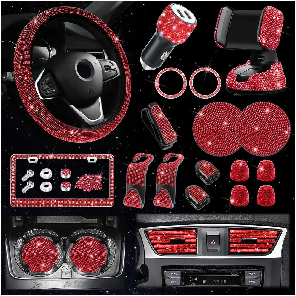 Bling Car Accessories Set 27pcs- Universal Fit Steering Wheel Covers, License Plate Frames, Phone Holder, Car Coasters, Suitable for Fashionable Men And Women