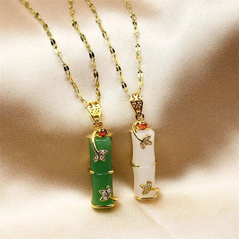 BUDDHA STONES Natural Jade Pendant Necklace, Handmade Variation, Pendant Design, White-Green Plant Motif, Lucky Money Bamboo Charm, Women's Daily Use All-Match Costume Jewelry, Holiday Gift, Unisex Wear