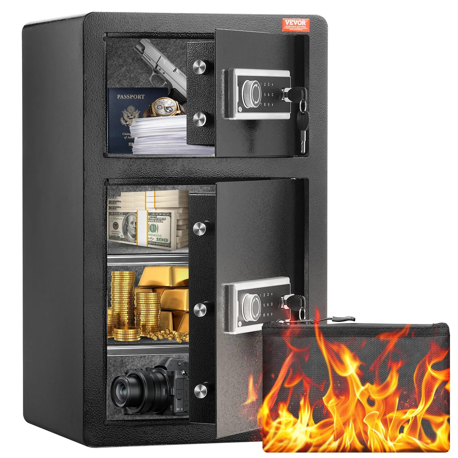 【Summerfinds】VEVOR 4.5 cu.ft Double-Door Electronic Alloy Steel Vault Safe Box - Lockable Secure, 3 Unlocking Methods, Combination Lock, Key Lock, Fireproof Bag, Key Rack, LED Light, 2 Height-Adjustable Dividers for Money, Documents, Jewelry (Black), Elec