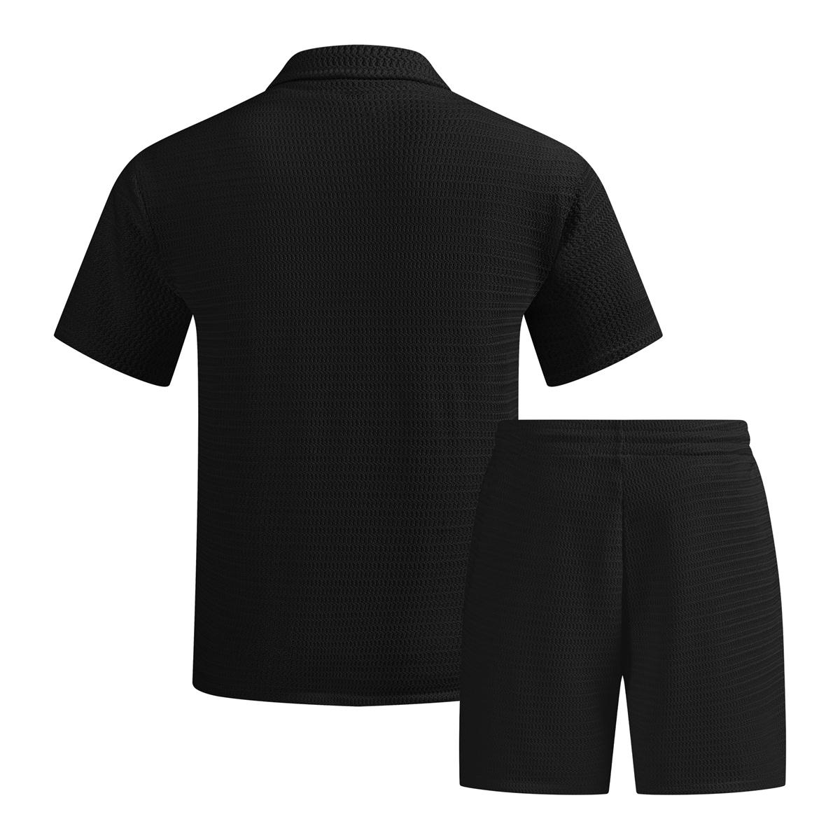 Men's solid color summer vacation set, regular style, paired with textured button down short sleeved shirt and matching drawstring shorts, easily interprets the exquisite coastal style, casual travel, vacation and leisure SpringStatements Clothes Beige