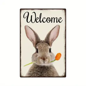1pc, Welcome Metal Sign, Vintage Rabbit Tin Plaque Wall Art Decor For Home Garden Bedroom Office Farm, 7.8 X 11.8 Inches
